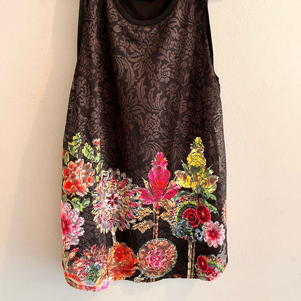 Desigual Chipi Top size Large black with colorful floral design.
